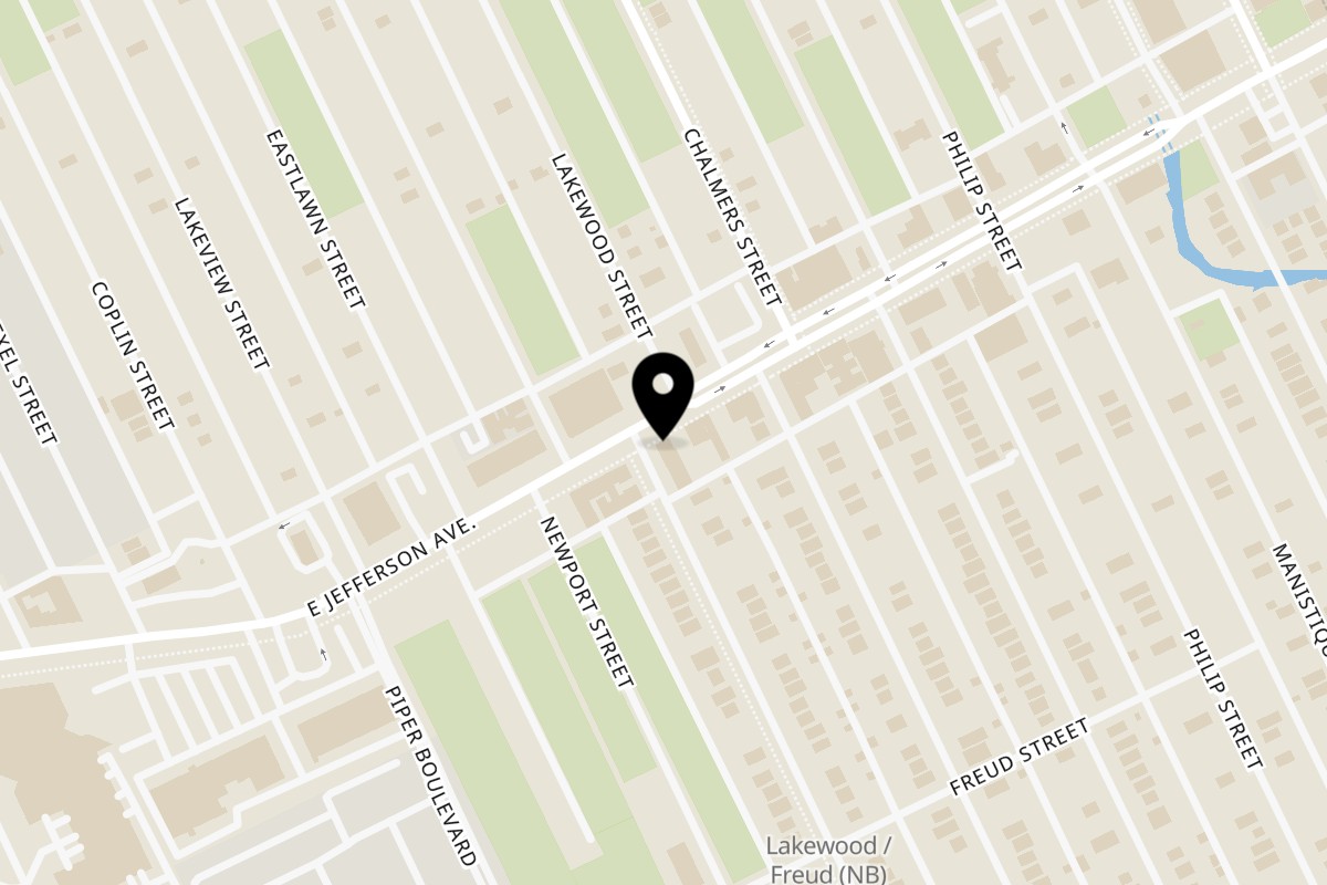 Map showing the location of Detroit Soul on 14300 E Jefferson Ave in Detroit